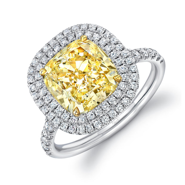 Uneek Cushion-Cut Fancy Yellow Engagement Ring with Double Halo