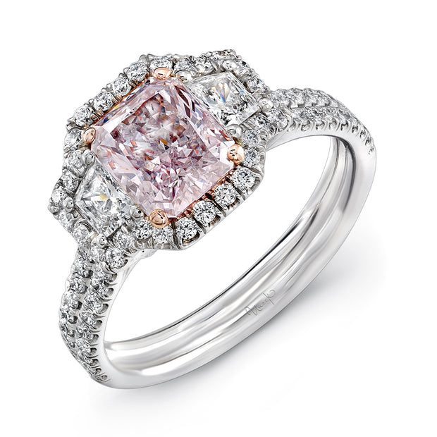 Uneek Natureal Collection 3-Stone-Halo Radiant Pink Diamond Engagement Ring