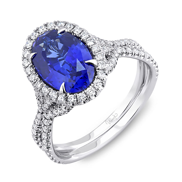 Uneek Signature Collection Halo Oval Shaped Blue Sapphire Engagement Ring