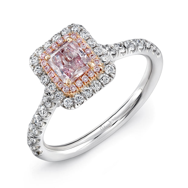 Uneek Radiant-Cut Pink Diamond Engagement Ring with Pink Diamond Inner Halo and White Diamond Outer Halo