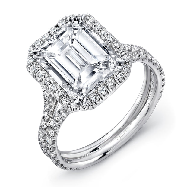 Uneek 5-Carat Emerald-Cut Diamond Halo Engagement Ring with Pave Double Shank