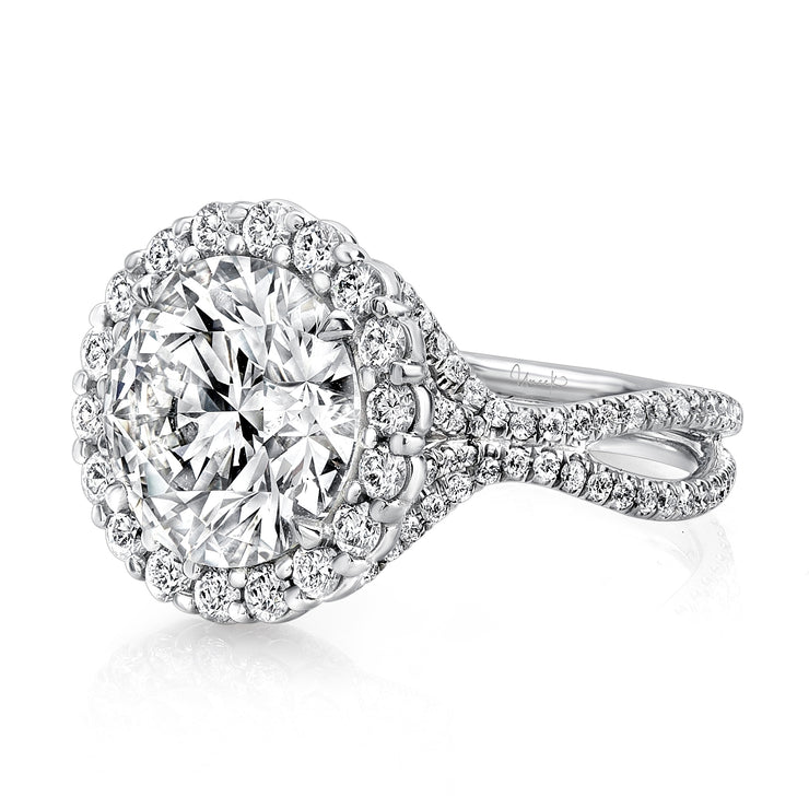 Uneek 5-Carat Round Diamond Halo Engagement Ring with Pave Double Shank