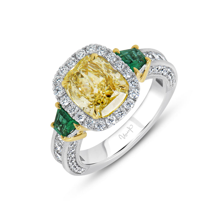 Uneek Natureal Collection Three-Stone Cushion Cut Yellow Diamond Engagement Ring