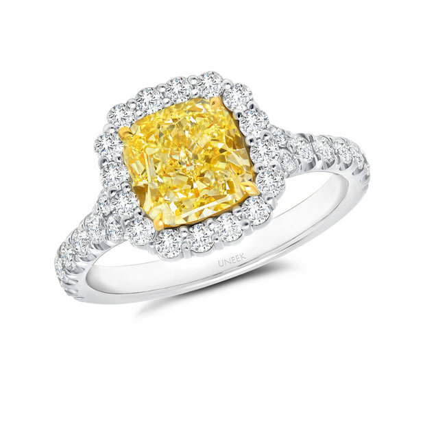 Uneek Cushion-Cut Yellow Diamond Engagement Ring with Scallop-Effect Halo