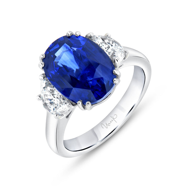 Uneek Precious Collection Three-Stone Oval Shaped Blue Sapphire Engagement Ring