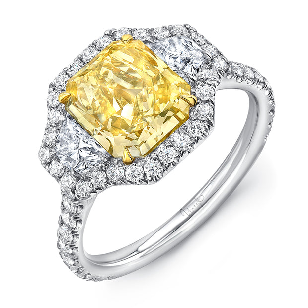 Uneek Radiant-Cut Yellow Diamond Center Three-Stone Engagement Ring with Pave Halo