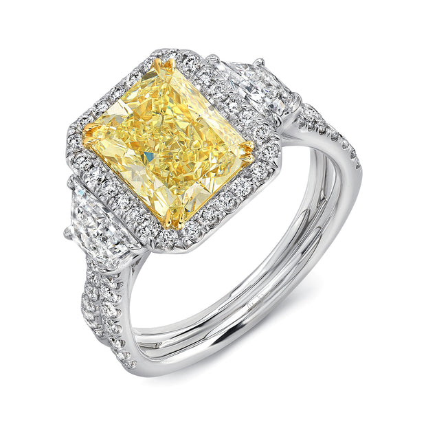 Uneek Natureal Collection 3-Stone-Halo Radiant Fancy Yellow Diamond Engagement Ring