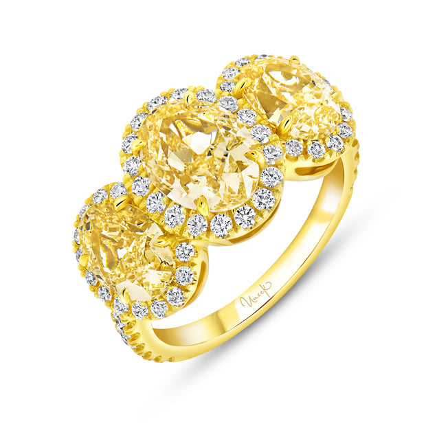 Uneek Natureal Collection 3-Stone-Halo Oval Shaped Fancy Yellow Diamond Fashion Ring