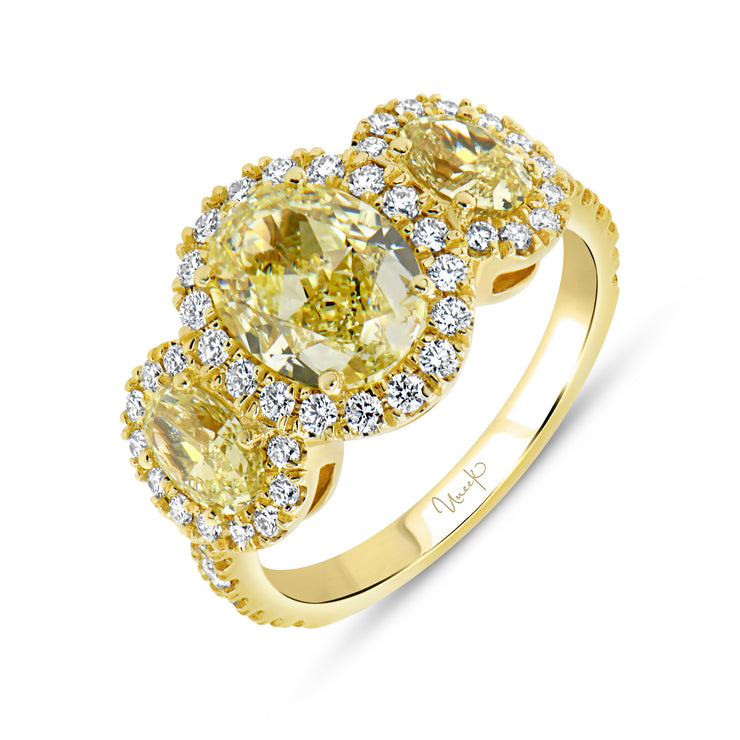 Uneek Natureal Collection 3-Stone-Halo Oval Shaped Fancy Light Yellow Diamond Fashion Ring