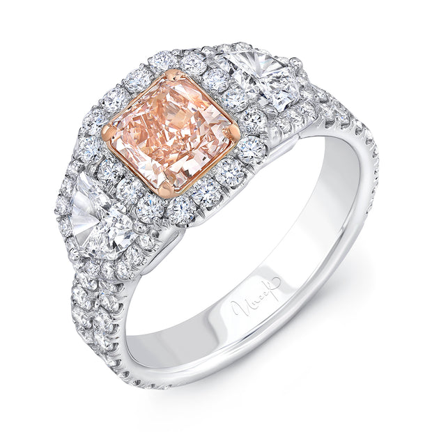 Uneek Three-Stone Engagement Ring with Radiant-Cut Pink Diamond Center and Pave Double Shank