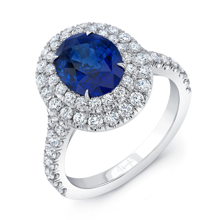 Uneek Oval Blue Sapphire Ring with Diamond Double Halo