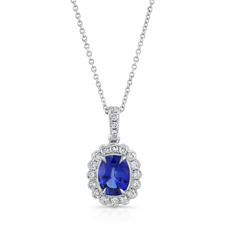 Uneek Oval Blue Sapphire Pendant with Scallop-Style Diamond Halo