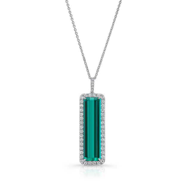 Uneek Precious Collection Halo Emerald Cut Indicolite Tourmaline Drop Pendant