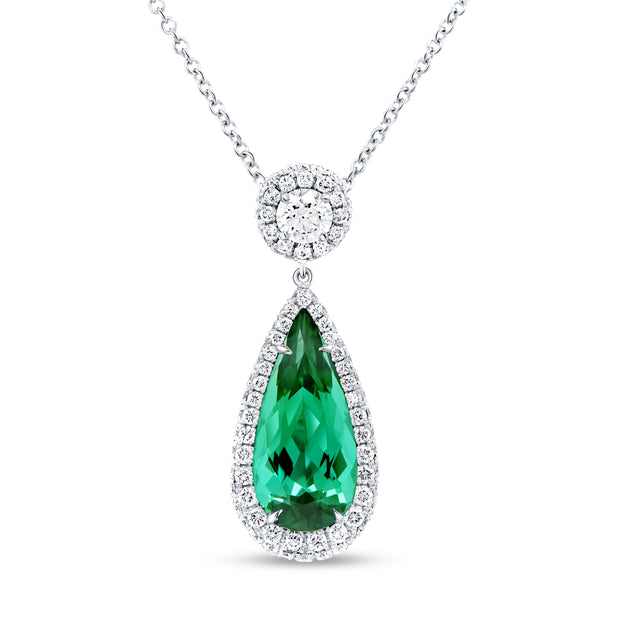 Uneek Precious Collection Double-Halo Pear Shaped Green Tourmaline Drop Pendant