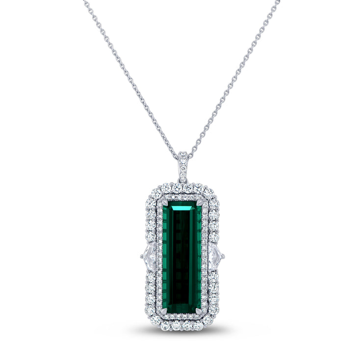 Uneek Precious Collection Double-Halo Emerald Cut Green Tourmaline Brooch Pendant