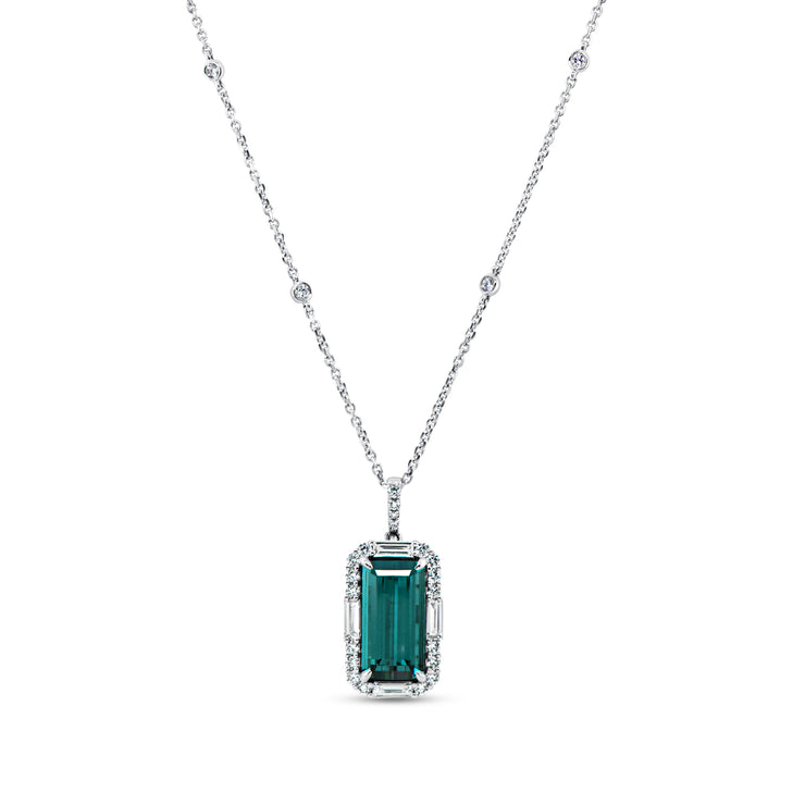 Uneek Precious Collection Halo Emerald Cut Green Tourmaline Fashion Pendant