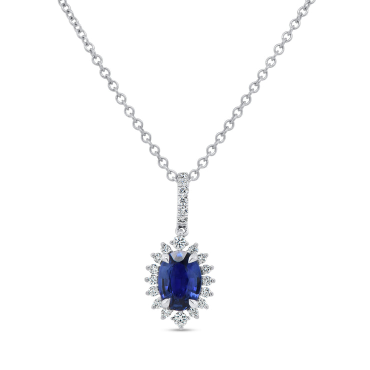 Uneek Precious Collection Halo Oval Shaped Blue Sapphire Drop Pendant