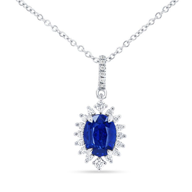 Uneek Precious Collection Halo Oval Shaped Blue Sapphire Drop Pendant