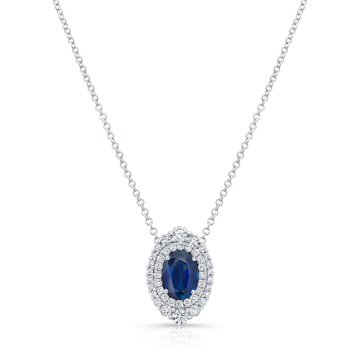 Uneek Precious Collection Halo Oval Shaped Blue Sapphire Drop Pendant