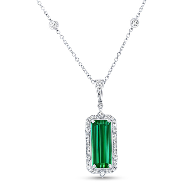 Uneek Precious Collection Halo Elongated Cushion Cut Green Tourmaline Drop Pendant