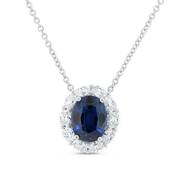 Uneek Precious Collection Halo Oval Shaped Blue Sapphire Brooch Pendant