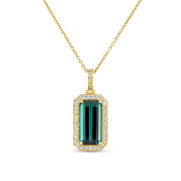 Uneek Precious Collection Halo Emerald Cut Indicolite Tourmaline Brooch Pendant