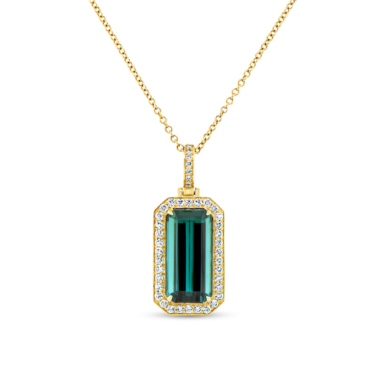 Uneek Precious Collection Halo Emerald Cut Indicolite Tourmaline Brooch Pendant