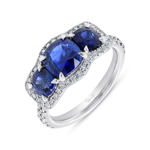 Uneek Precious Collection 3-Stone-Halo Cushion Cut Blue Sapphire Engagement Ring