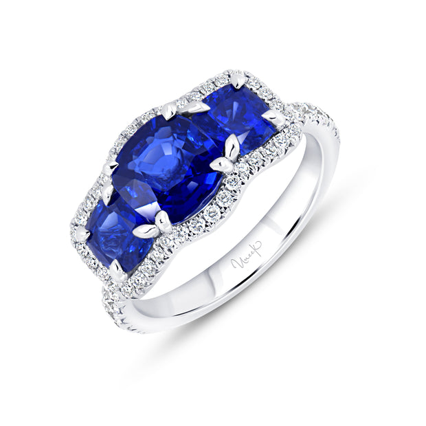 Uneek Precious Collection 3-Stone-Halo Cushion Cut Blue Sapphire Engagement Ring