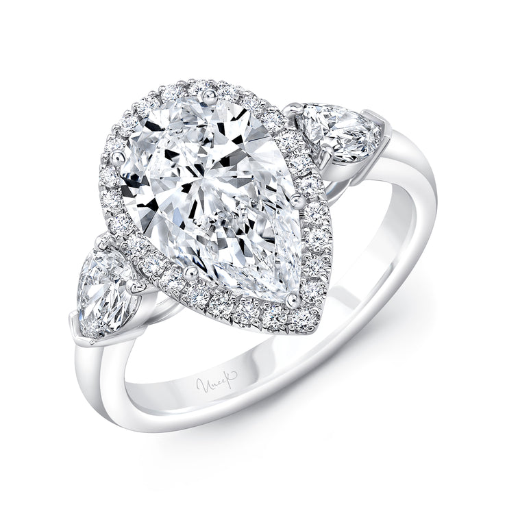 Uneek Signature Collection 3-Stone-Halo Pear Shaped Diamond Engagement Ring