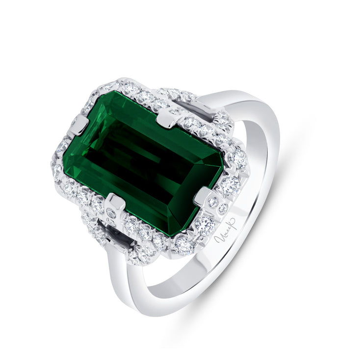 Uneek Precious Collection Halo Emerald Cut Green Tourmaline Engagement Ring