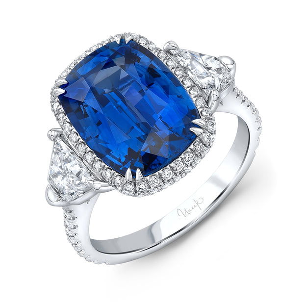 Uneek Precious Collection Halo Cushion Cut Blue Sapphire Engagement Ring