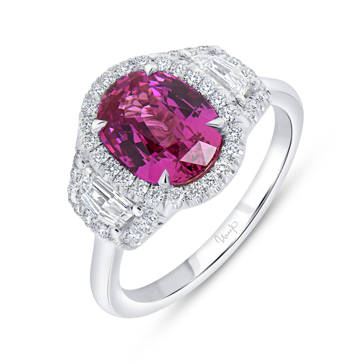 Uneek Precious Collection 3-Stone-Halo Oval Shaped Pink Sapphire Engagement Ring