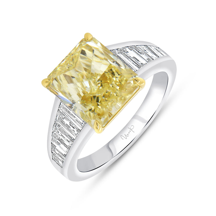 Uneek Natureal Collection Tapered Radiant Fancy Yellow Diamond Engagement Ring