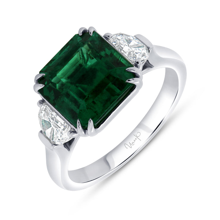 Uneek Precious Collection Three-Stone Emerald Cut Emerald Engagement Ring