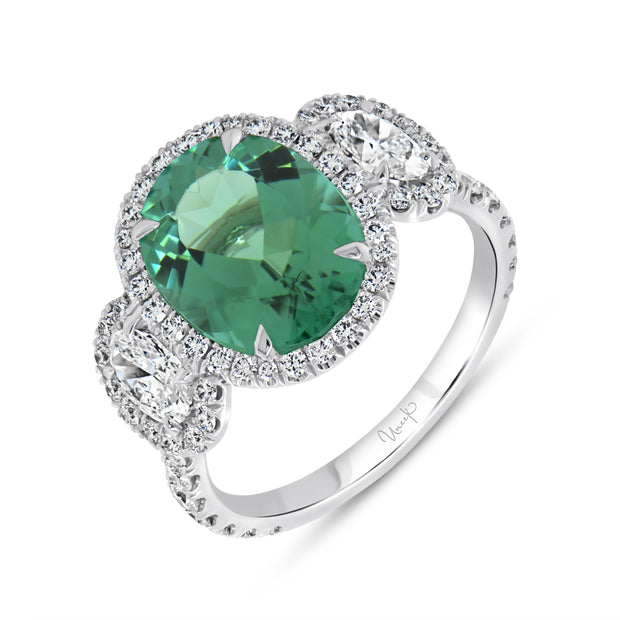 Uneek Precious Collection Three-Stone Oval Shaped Green Tourmaline Engagement Ring