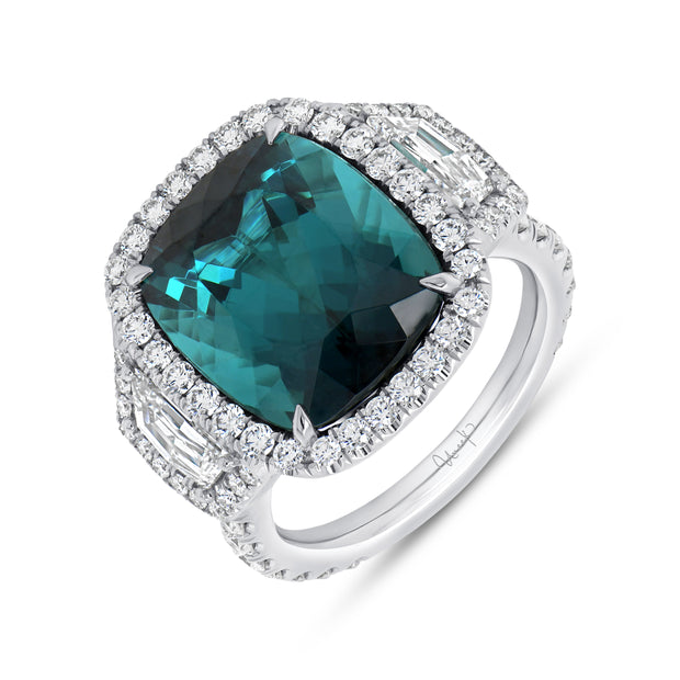 Uneek Precious Collection Three-Stone Cushion Cut Green Tourmaline Engagement Ring