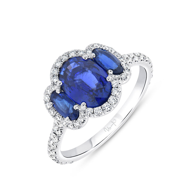 Uneek Precious Collection Three-Stone Oval Shaped Blue Sapphire Engagement Ring