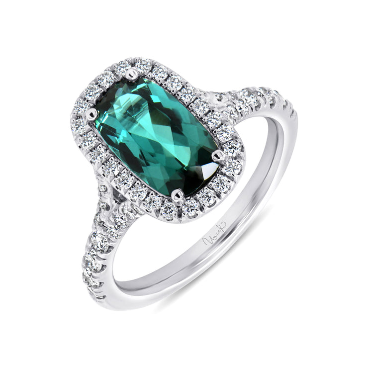 Uneek Precious Collection Split-Shank Cushion Cut Green Tourmaline Engagement Ring