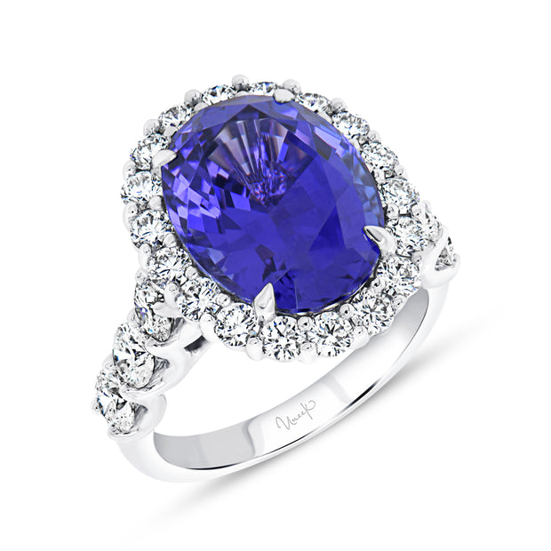 Uneek Precious Collection Halo Oval Shaped Tanzanite Engagement Ring