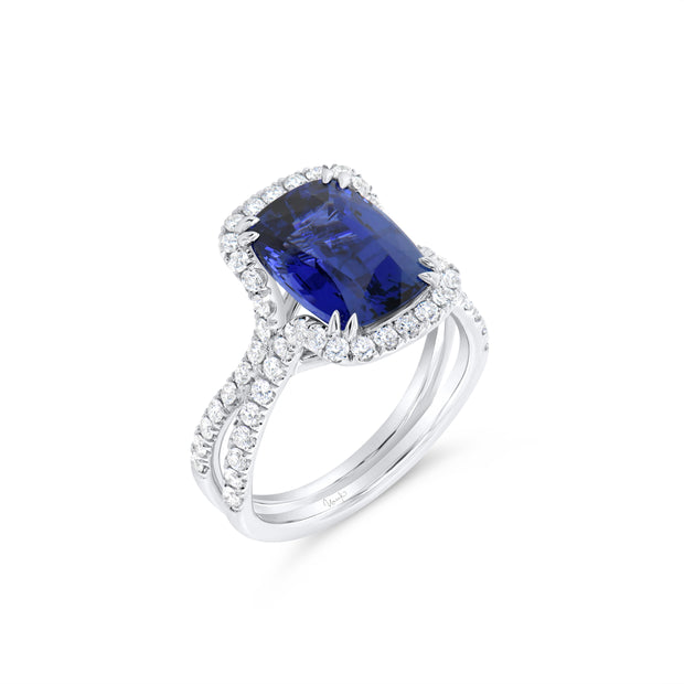 Uneek Precious Collection Halo Cushion Cut Blue Sapphire Anniversary Ring