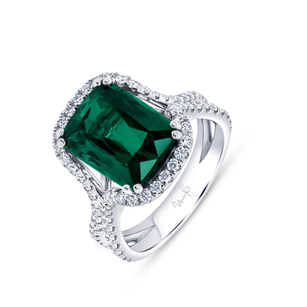 Uneek Precious Collection Halo Elongated Cushion Cut Green Tourmaline Fashion Ring