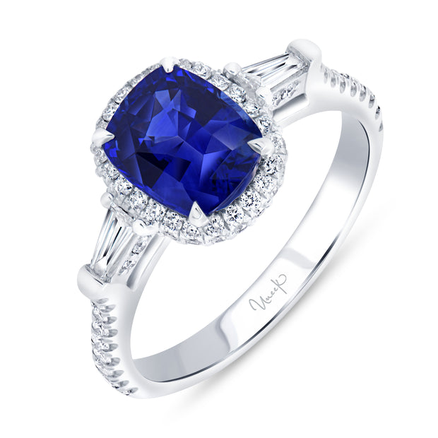 Uneek Precious Collection Halo Cushion Cut Blue Sapphire Engagement Ring