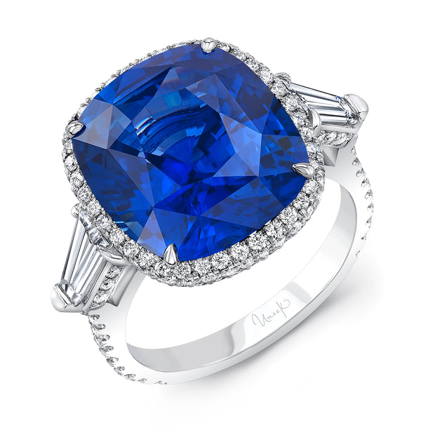 Uneek Precious Collection Halo Cushion Cut Blue Sapphire Engagement Ring