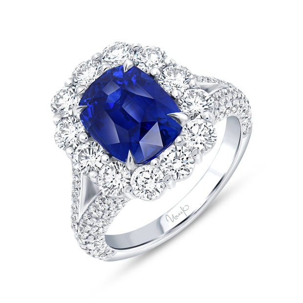 Uneek Precious Collection Halo Cushion Cut Blue Sapphire Engagement Ring