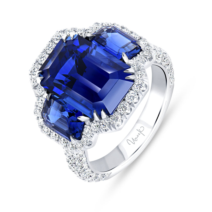 Uneek Precious Collection 3-Stone-Halo Emerald Cut Blue Sapphire Engagement Ring