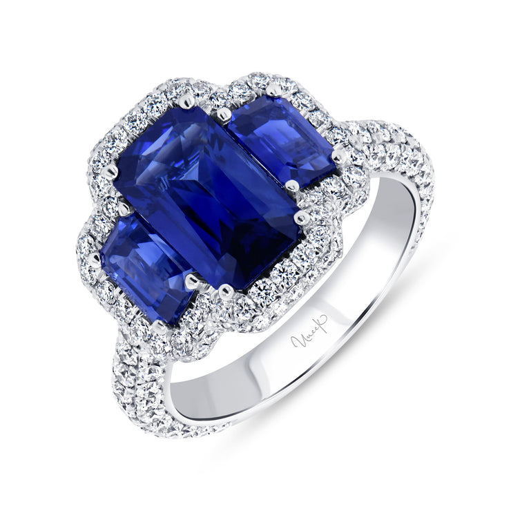 Uneek Precious Collection 3-Stone-Halo Emerald Cut Blue Sapphire Engagement Ring