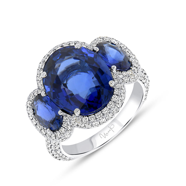 Uneek Precious Collection Three-Stone Oval Shaped Blue Sapphire Engagement Ring