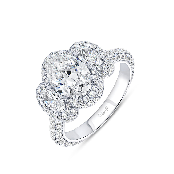 Uneek Signature Collection 3-Stone-Halo Oval Shaped Diamond Engagement Ring