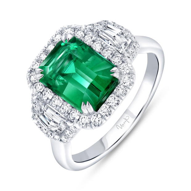 Uneek Precious Collection 3-Stone-Halo Emerald Cut Emerald Engagement Ring